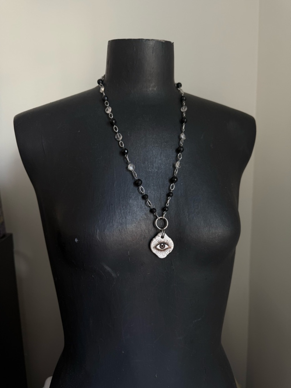 All seeing Eye evil eye Pendant Necklace with obsidian and quartz Beads boho